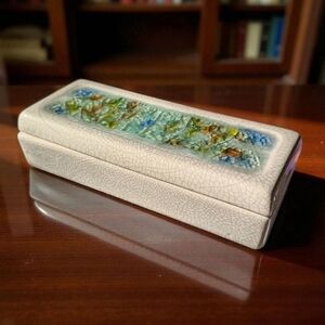 Vtg MCM Ceramic Crackle Pottery Box Fused Glass Glazed Mosaic Collectible Decor